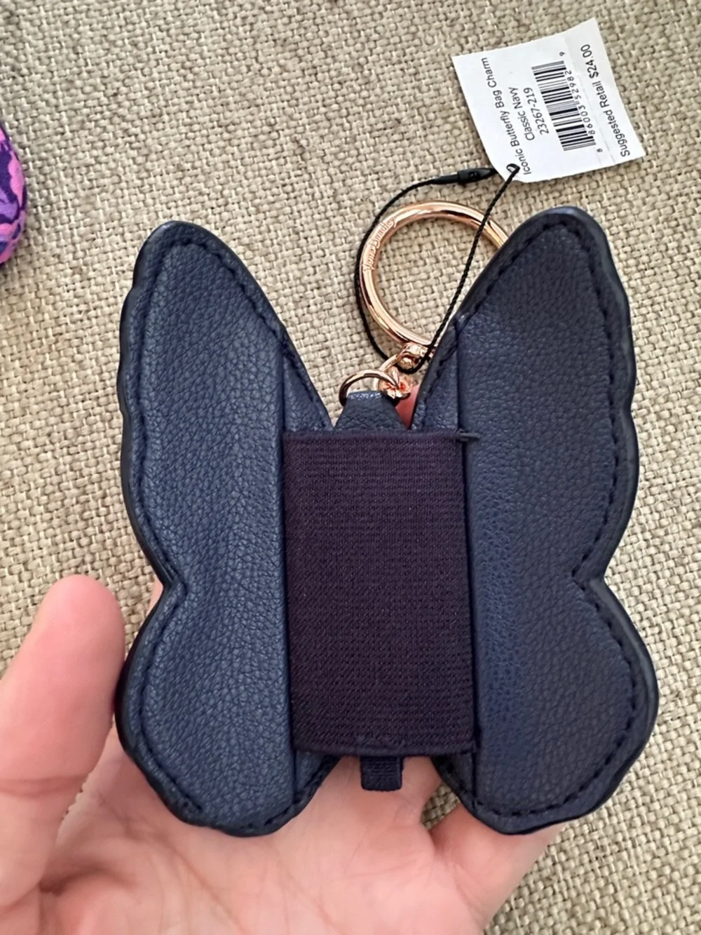 NWT Vera Bradley Iconic Butterfly Bag Charm Keychain navy/rose gold